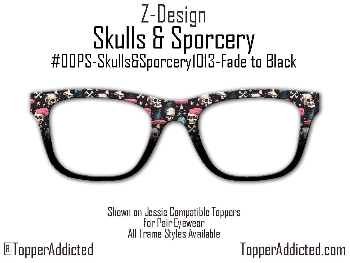 Skulls and Sporcery – Gothic Witchcore Mushroom and Skull Pattern Toppers for Pair Eyewear | Spooky Top Frames with Options. Fast Ship