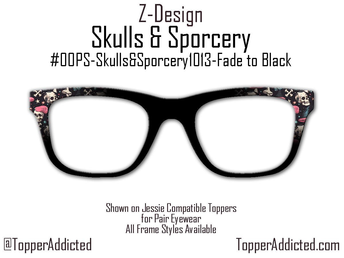 Skulls and Sporcery – Gothic Witchcore Mushroom and Skull Pattern Toppers for Pair Eyewear | Spooky Top Frames with Options. Fast Ship