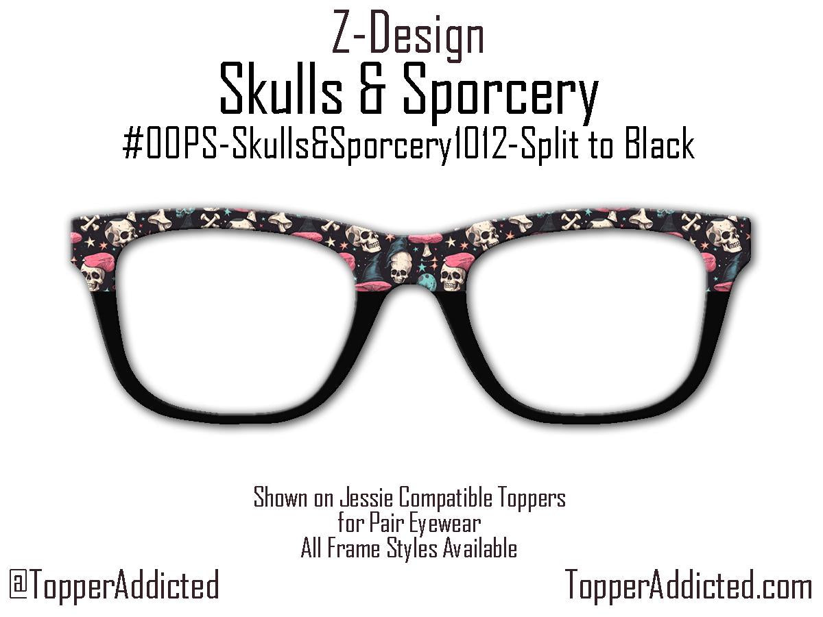 Skulls and Sporcery – Gothic Witchcore Mushroom and Skull Pattern Toppers for Pair Eyewear | Spooky Top Frames with Options. Fast Ship