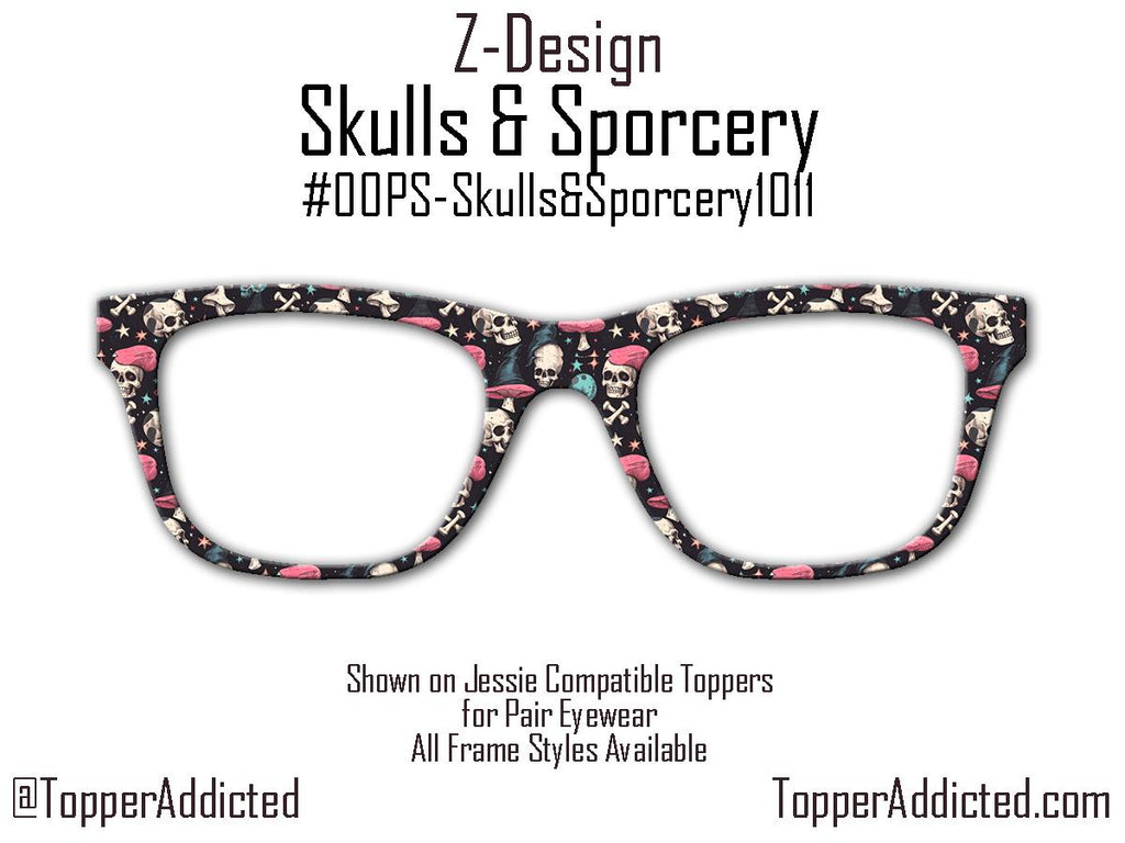 Skulls and Sporcery – Gothic Witchcore Mushroom and Skull Pattern Toppers for Pair Eyewear | Spooky Top Frames with Options. Fast Ship