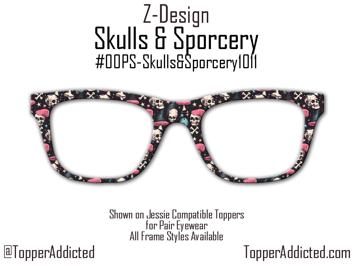 Skulls and Sporcery – Gothic Witchcore Mushroom and Skull Pattern Toppers for Pair Eyewear | Spooky Top Frames with Options. Fast Ship