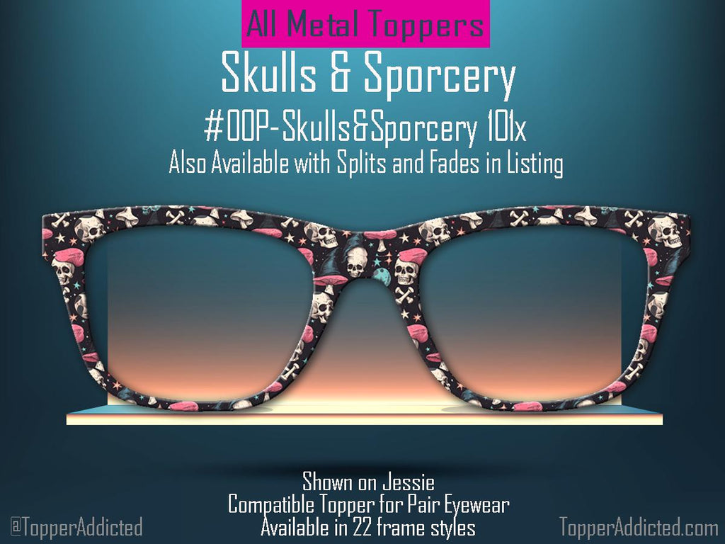 Skulls and Sporcery – Gothic Witchcore Mushroom and Skull Pattern Toppers for Pair Eyewear | Spooky Top Frames with Options. Fast Ship