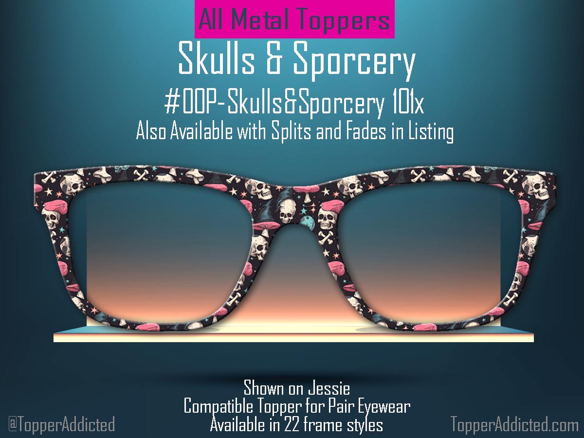Skulls and Sporcery – Gothic Witchcore Mushroom and Skull Pattern Toppers for Pair Eyewear | Spooky Top Frames with Options. Fast Ship