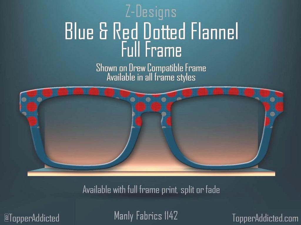 Blue and Red Dotted Masculine Fabric Print - Pair Eyewear Compatible Magnetic Toppers - Flannel look Toppers on Metal