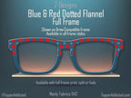 Blue and Red Dotted Masculine Fabric Print - Pair Eyewear Compatible Magnetic Toppers - Flannel look Toppers on Metal