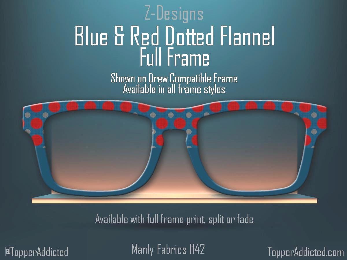 Blue and Red Dotted Masculine Fabric Print - Pair Eyewear Compatible Magnetic Toppers - Flannel look Toppers on Metal