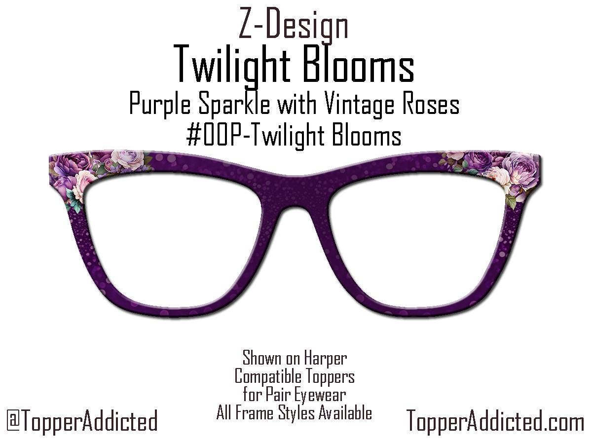 Twilight Bloom – Purple Bokeh Topper with Vintage Roses - Magnetic Metal Toppers for Pair Eyewear