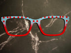 Light Blue and Red Dotted Masculine Fabric Print - Pair Eyewear Compatible Magnetic Toppers - All Frame Styles on Metal. Fast Delivery.