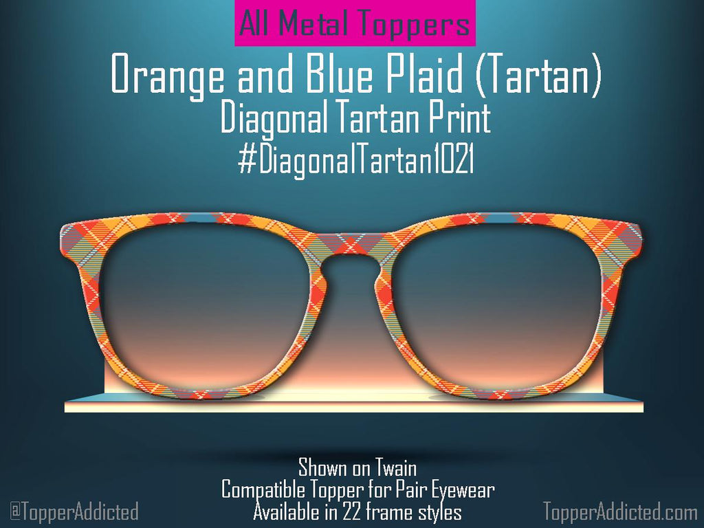 Orange and Blue Modern Diagonal Tartan – Metal Magnetic Topper for Pair Eyewear | Bold Diagonal Plaid printed glasses topper | Get It Fast