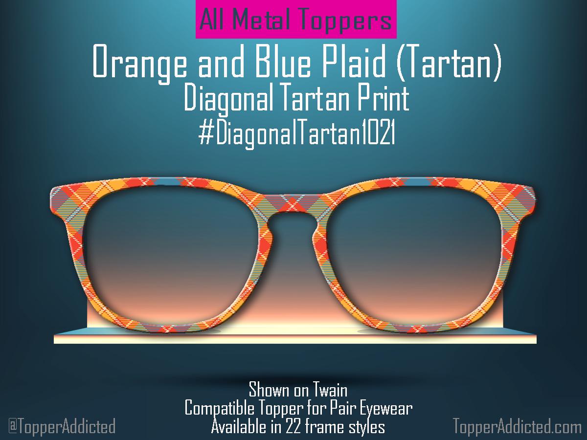 Orange and Blue Modern Diagonal Tartan – Metal Magnetic Topper for Pair Eyewear | Bold Diagonal Plaid printed glasses topper | Get It Fast