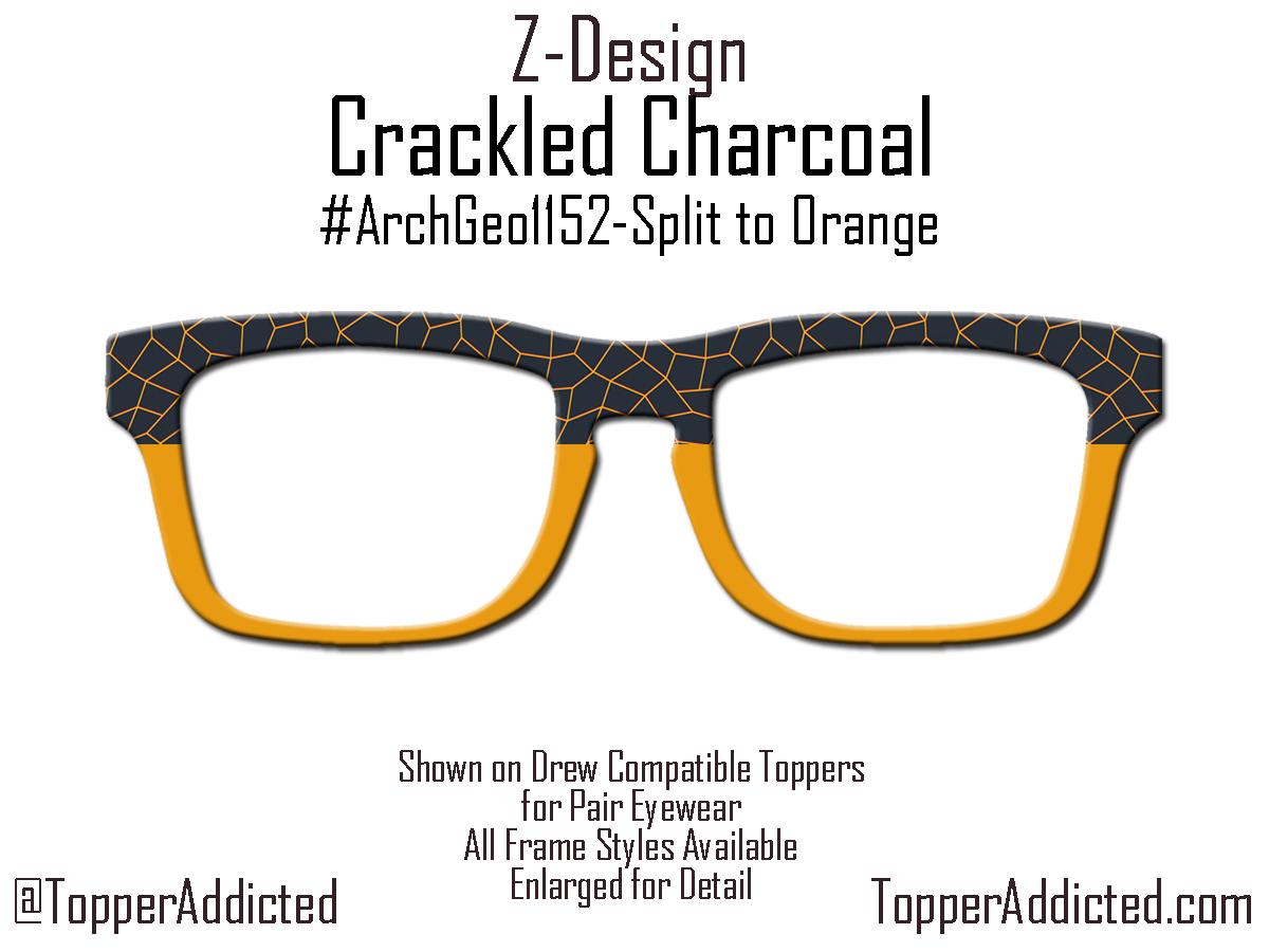 Crackled Charcoal – Magnetic Pair Eyewear Compatible Toppers with Fiery Geometric Orange Flair - All metal and shipped FAST from Texas USA