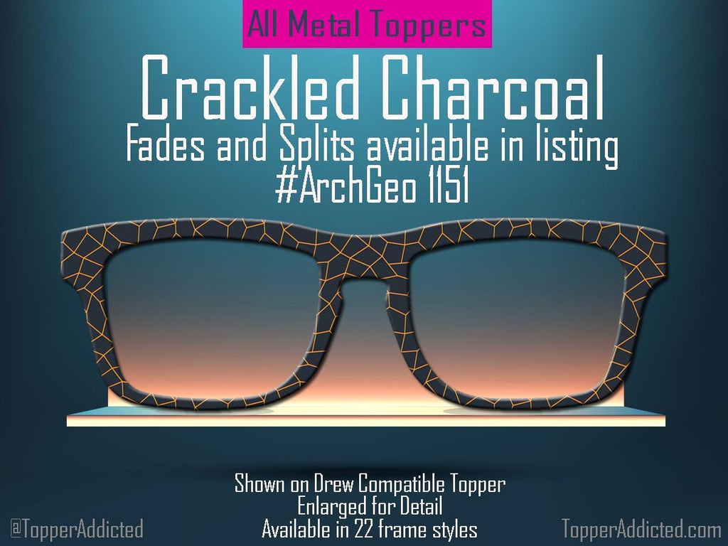 Crackled Charcoal – Magnetic Pair Eyewear Compatible Toppers with Fiery Geometric Orange Flair - All metal and shipped FAST from Texas USA