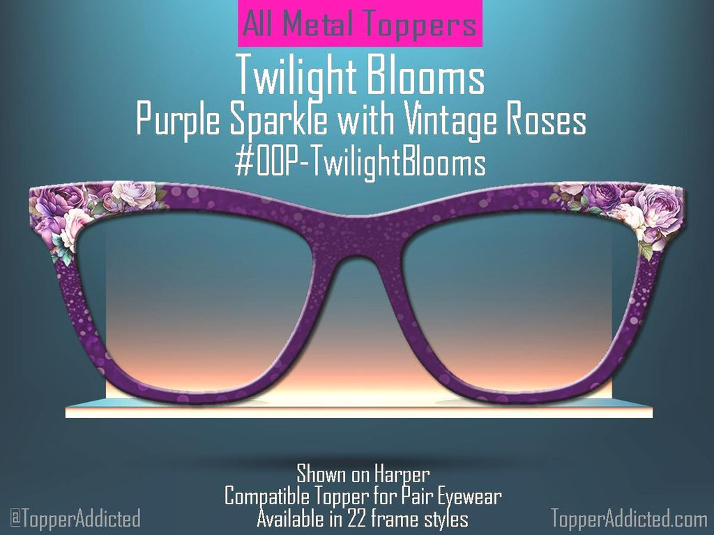 Twilight Bloom – Purple Bokeh Topper with Vintage Roses - Magnetic Metal Toppers for Pair Eyewear