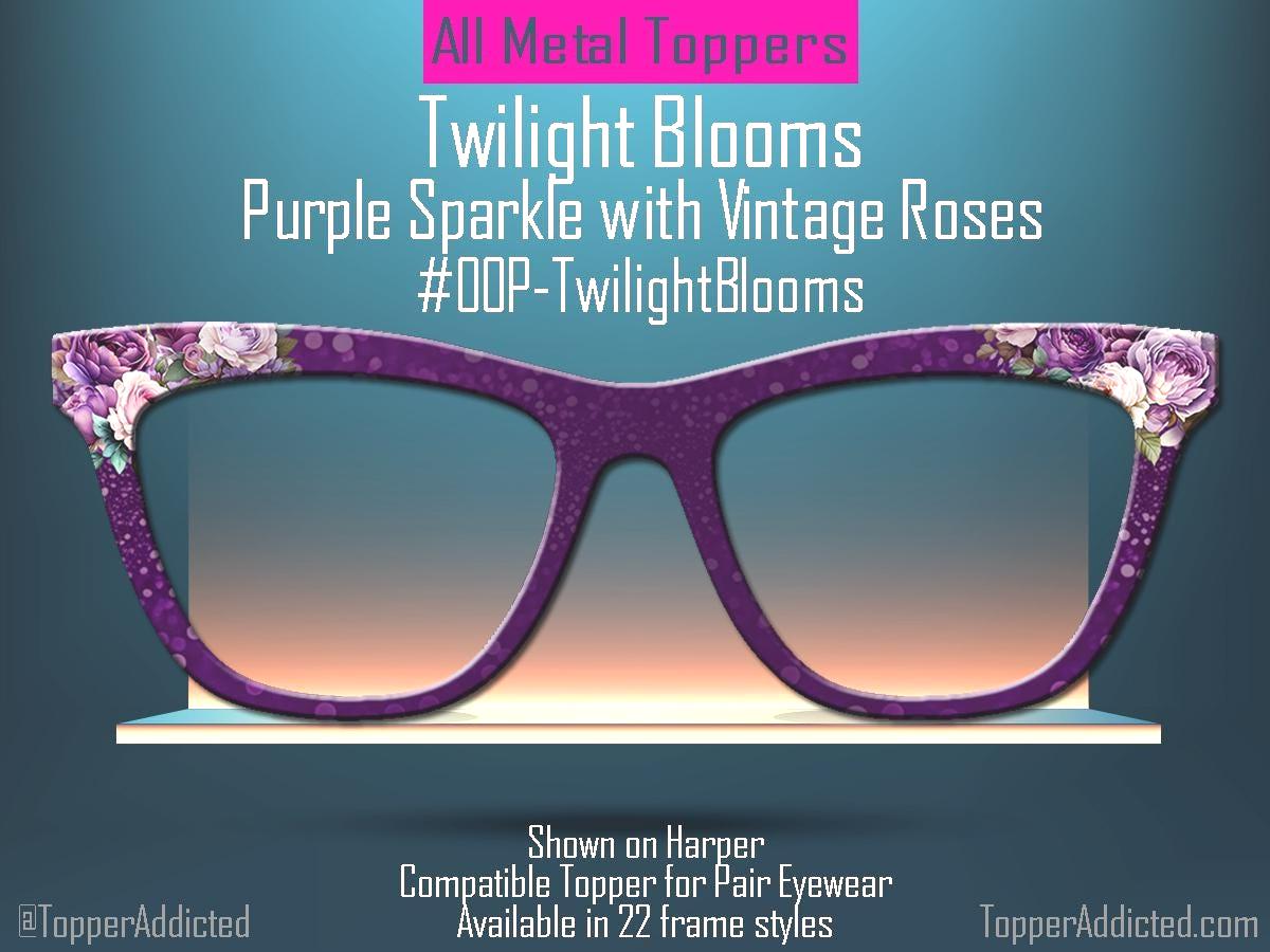Twilight Bloom – Purple Bokeh Topper with Vintage Roses - Magnetic Metal Toppers for Pair Eyewear