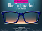 Dark Blue Tortoiseshell Metal Magnetic Toppers for Pair Eyewear shown on a backlit shelf with a blue and grey background.