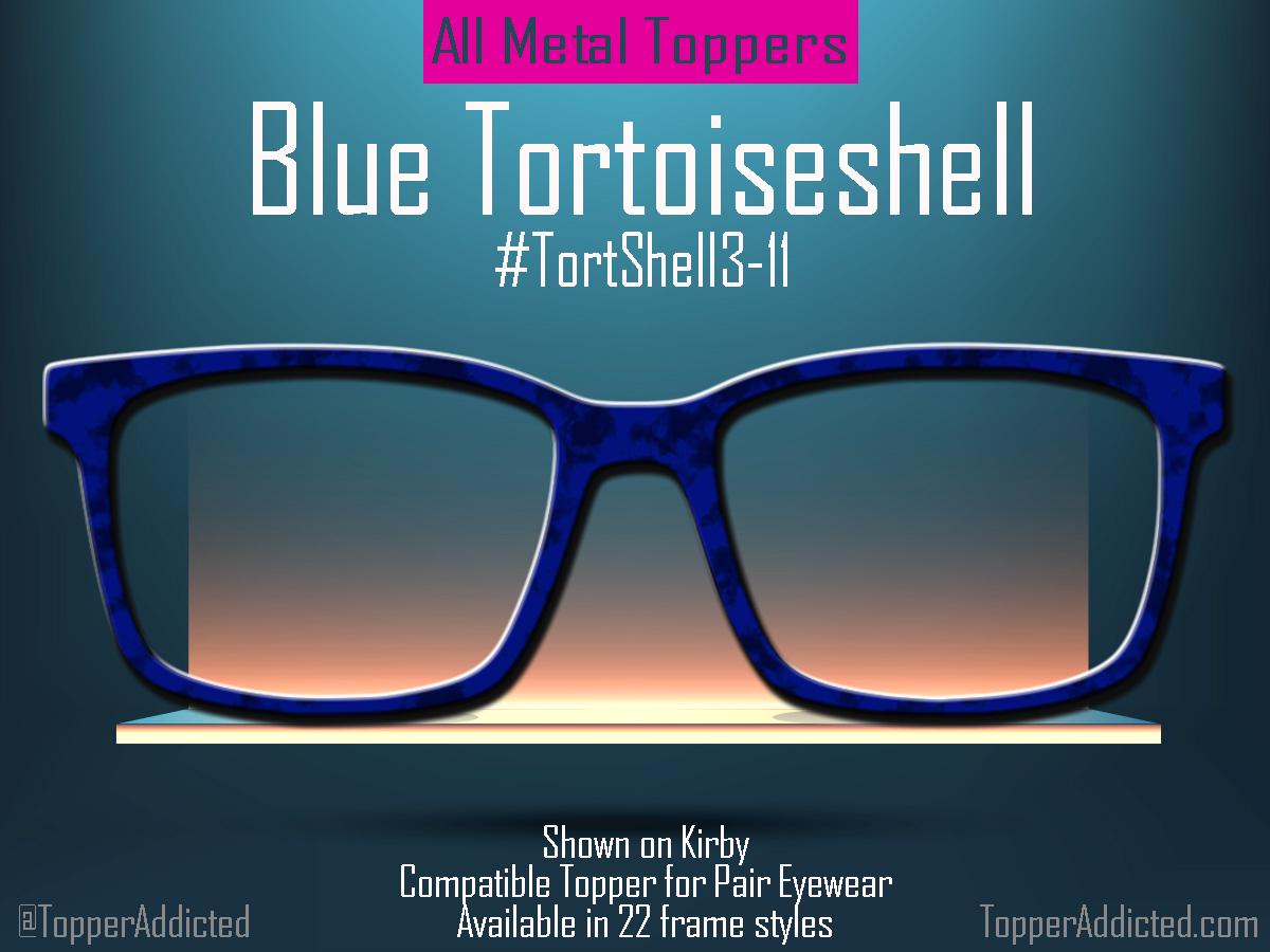 Dark Blue Tortoiseshell Metal Magnetic Toppers for Pair Eyewear shown on a backlit shelf with a blue and grey background.