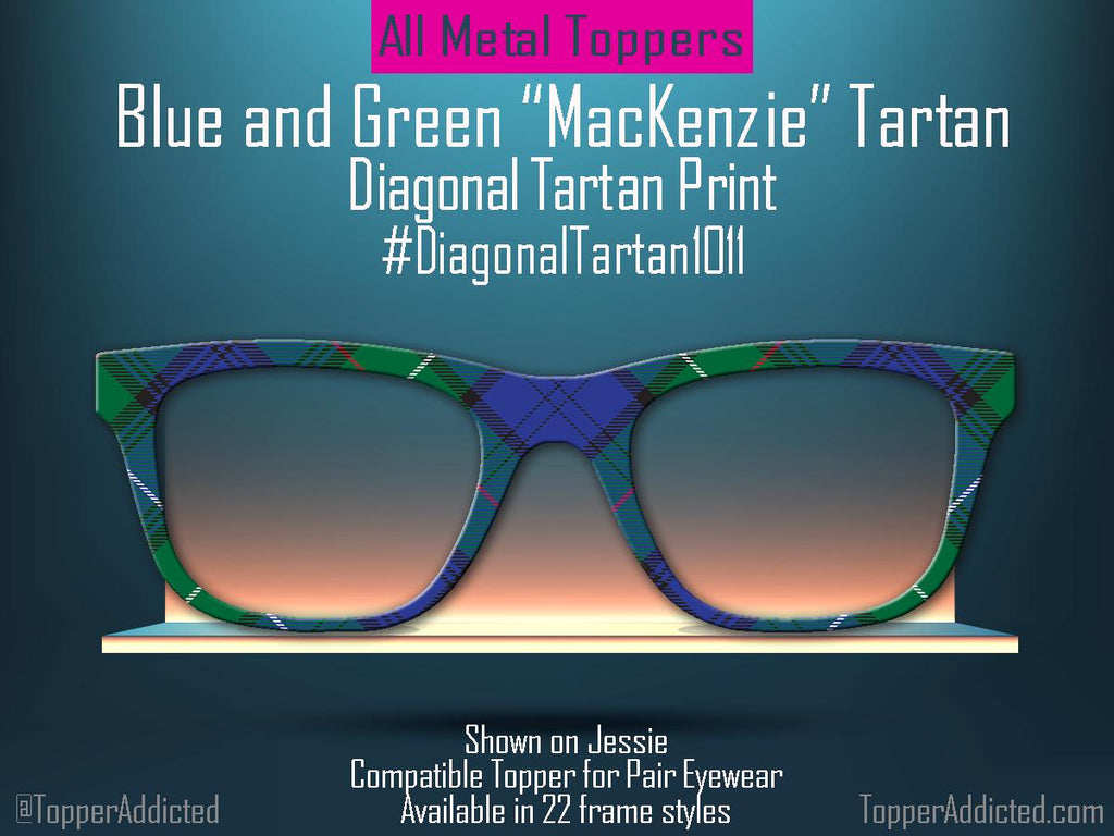 Blue & Green "MacKenzie" Diagonal Tartan – Metal Magnetic Topper for Pair Eyewear | Bold Diagonal Plaid printed glasses topper | Get It Fast