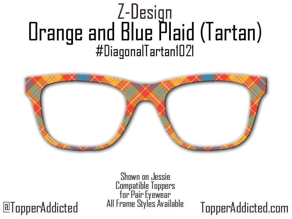 Orange and Blue Modern Diagonal Tartan – Metal Magnetic Topper for Pair Eyewear | Bold Diagonal Plaid printed glasses topper | Get It Fast