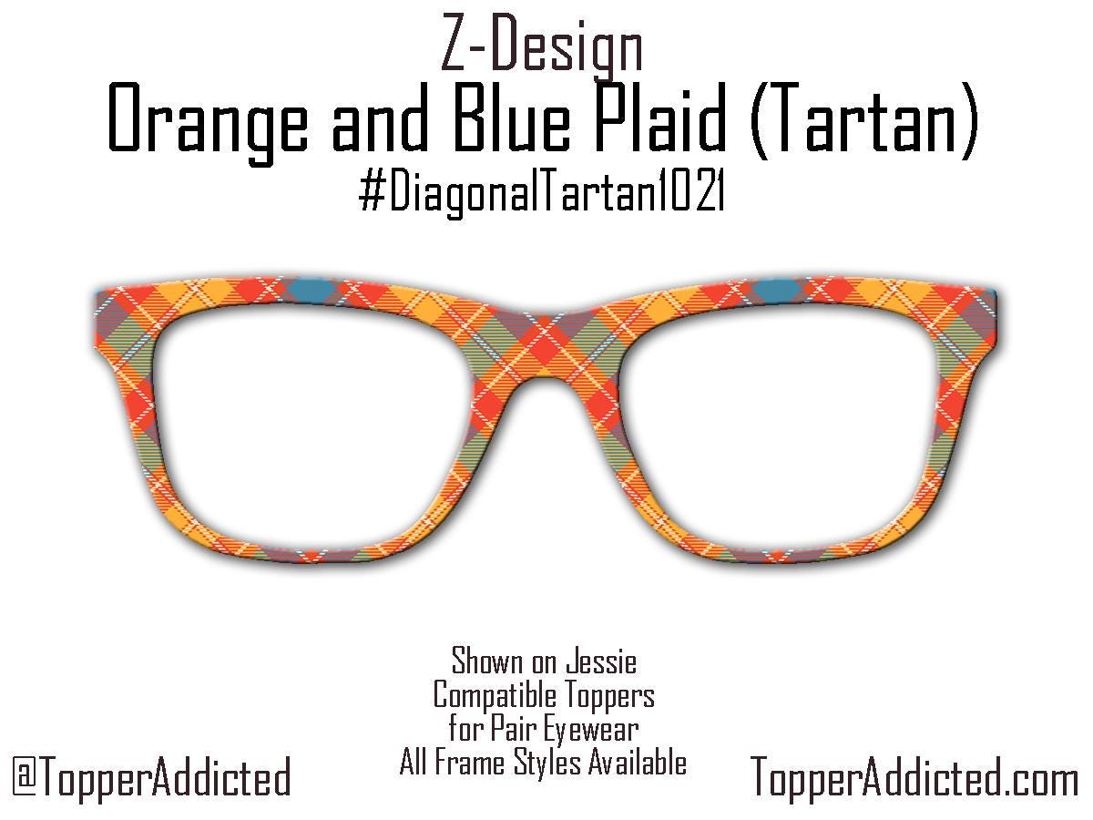 Orange and Blue Modern Diagonal Tartan – Metal Magnetic Topper for Pair Eyewear | Bold Diagonal Plaid printed glasses topper | Get It Fast