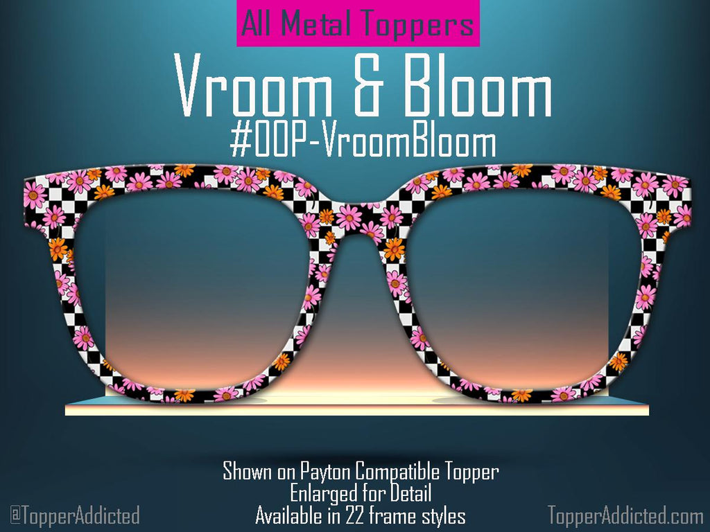 Vroom and Bloom Magnetic Glasses Topper | Checkerboard Floral Eyewear Topper for Pair Eyewear | Bold Pink & Orange Daisy Design
