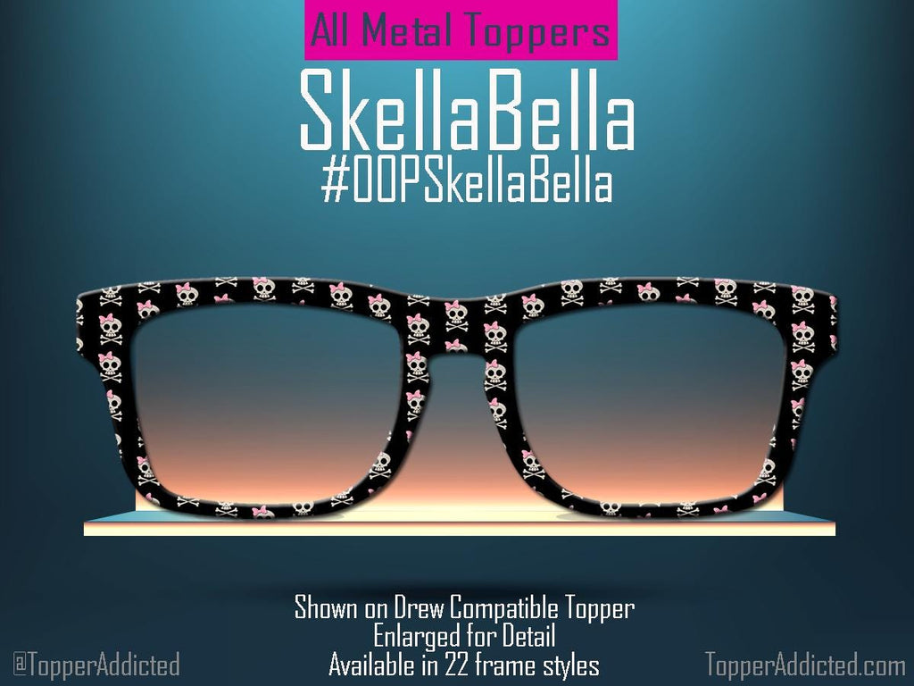 SkellaBella Metal Topper | Skulls & Pink Bows Magnetic Eyewear Topper | Fits All Pair Eyewear Frames | Pirate Fun and Cute - Fast Shipping