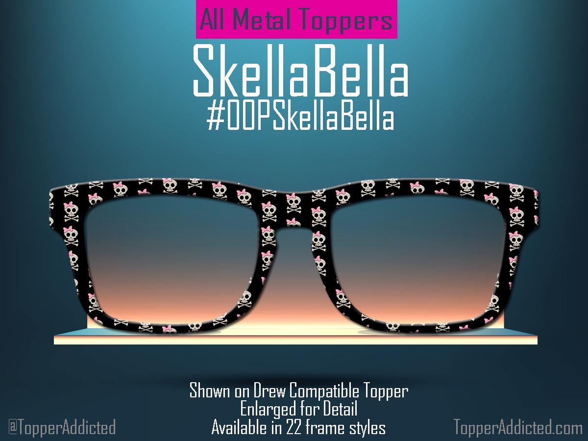 SkellaBella Metal Topper | Skulls & Pink Bows Magnetic Eyewear Topper | Fits All Pair Eyewear Frames | Pirate Fun and Cute - Fast Shipping