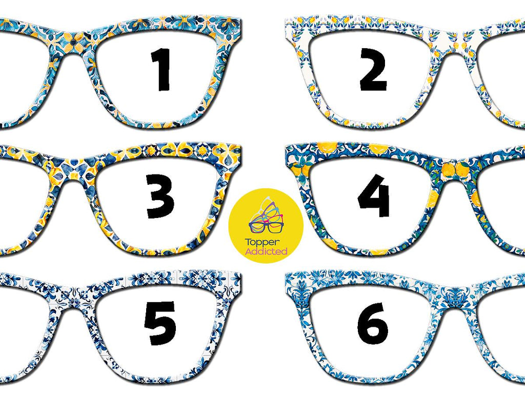 Mediterranean Tiles 1 Collection | 12 Blue & Yellow Tile-Inspired Patterns for your Pair Eyewear Compatible Metal Toppers.