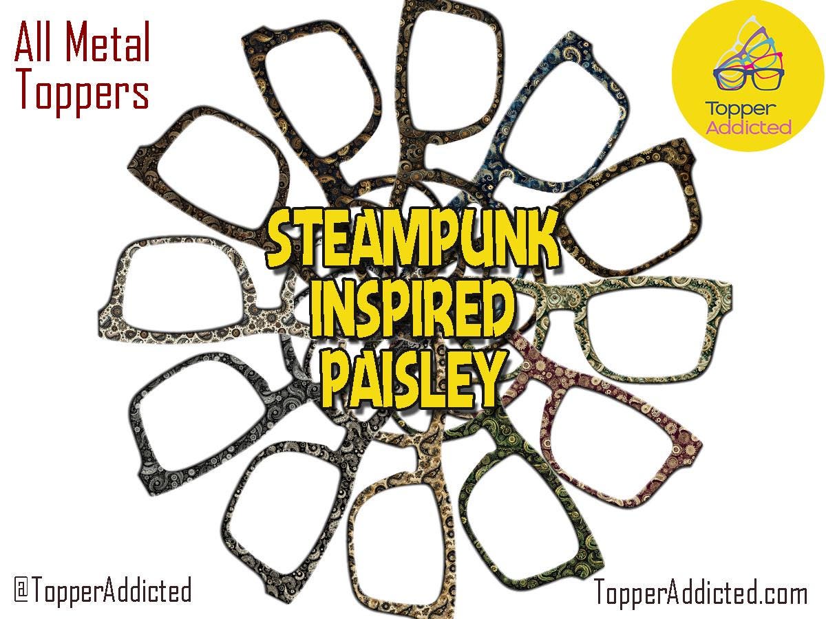 Steampunk glasses toppers for Pair Eyewear in paisley patterns with magnetic metal fronts and custom Victorian steampunk accessories
