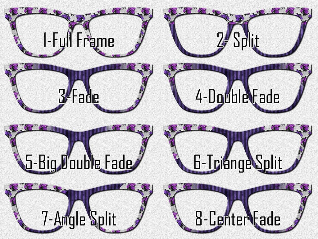 Vintage purple floral glasses toppers for Pair Eyewear with striped fade and split options in all metal magnetic custom frame toppers