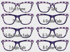 Vintage purple floral glasses toppers for Pair Eyewear with striped fade and split options in all metal magnetic custom frame toppers