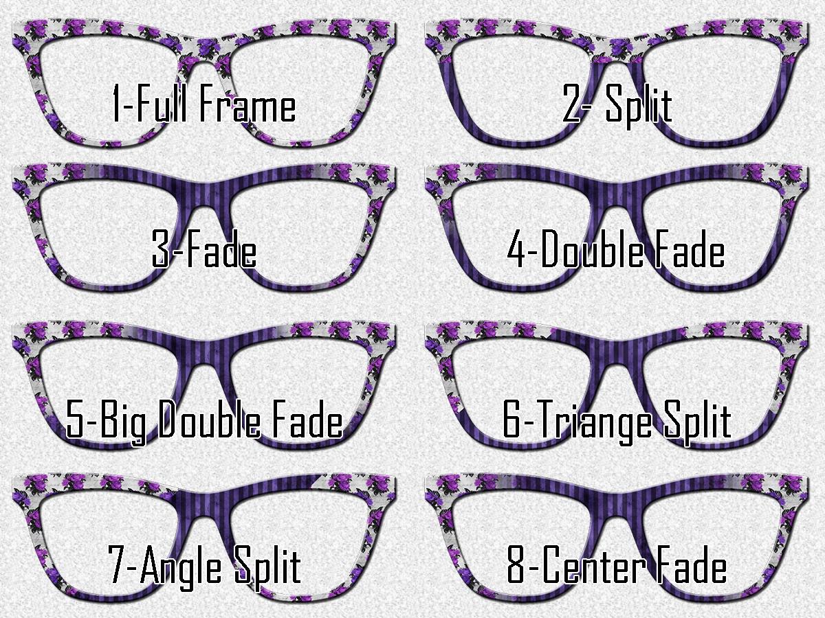 Vintage purple floral glasses toppers for Pair Eyewear with striped fade and split options in all metal magnetic custom frame toppers