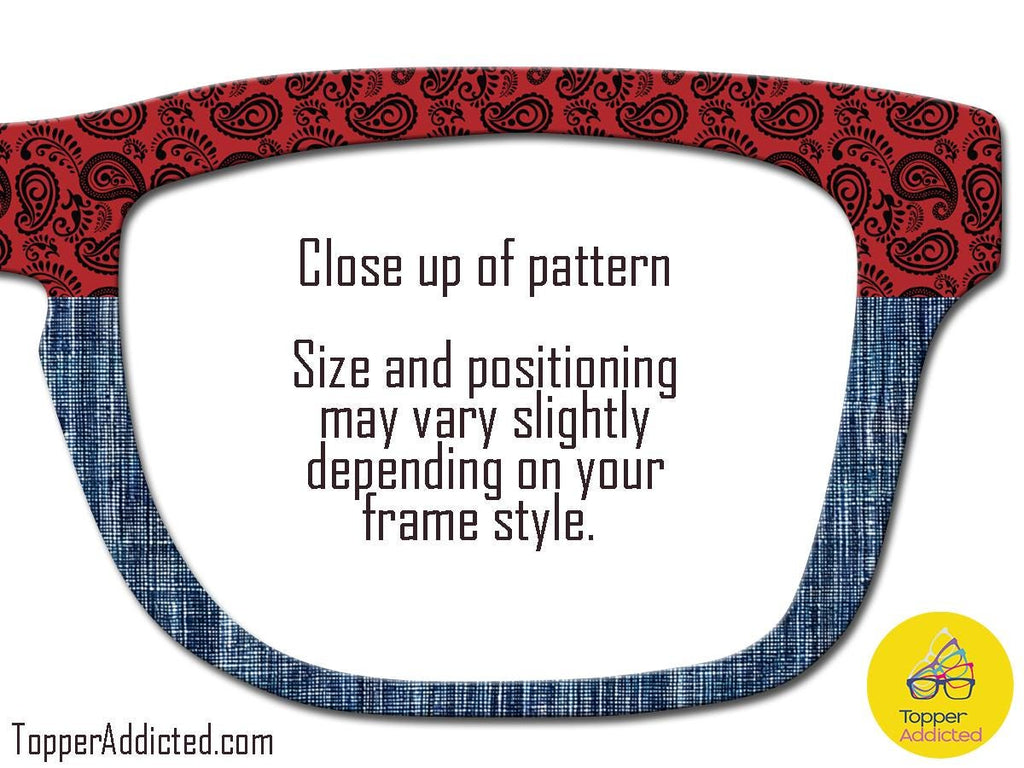 Red Bandana Paisley and Faded Denim Glasses Toppers – Western Style Magnetic Topper for Pair Eyewear – Splits, Fades & Full Frames