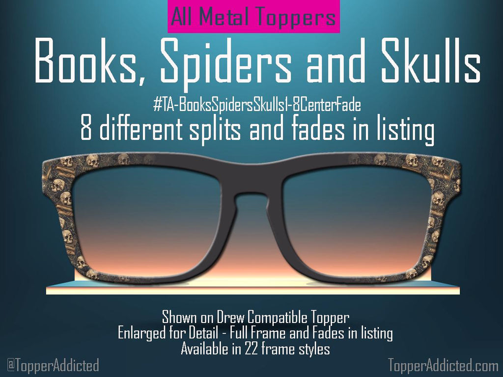 Books, Spiders and Skulls Metal Magnetic Topper for Pair Eyewear Glasses – Dark Academia Halloween Glasses Accessory for Readers Gothic Lit