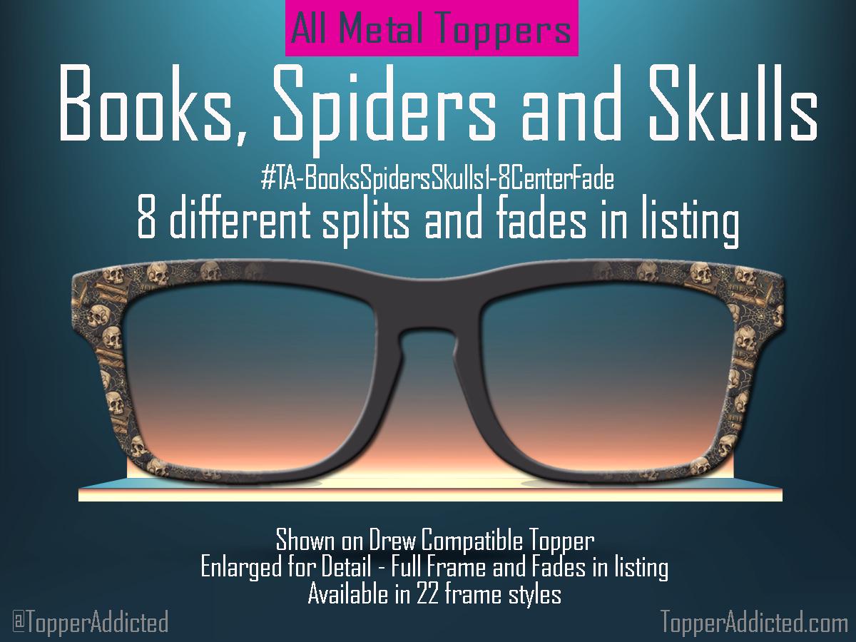 Books, Spiders and Skulls Metal Magnetic Topper for Pair Eyewear Glasses – Dark Academia Halloween Glasses Accessory for Readers Gothic Lit
