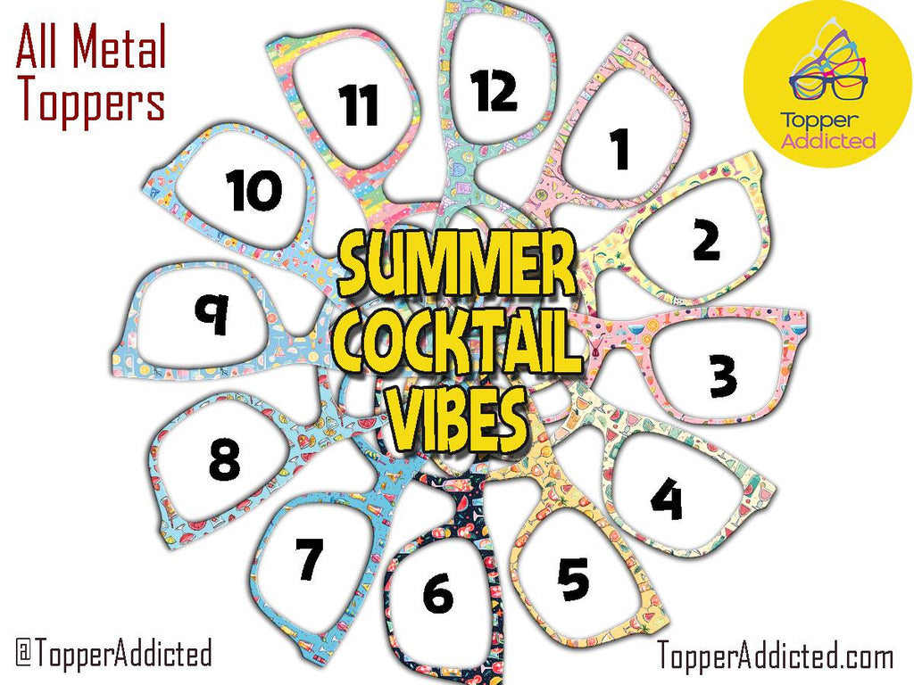 Summer Cocktails Metal Magnetic Topper for Pair Eyewear Glasses – Colorful Drink Pattern Vacation Glasses Fronts – 12 Style Options