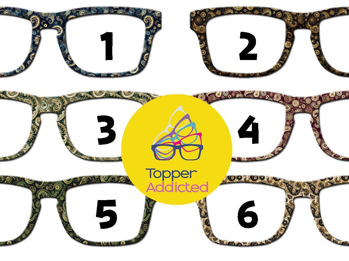 Steampunk glasses toppers for Pair Eyewear in paisley patterns with magnetic metal fronts and custom Victorian steampunk accessories
