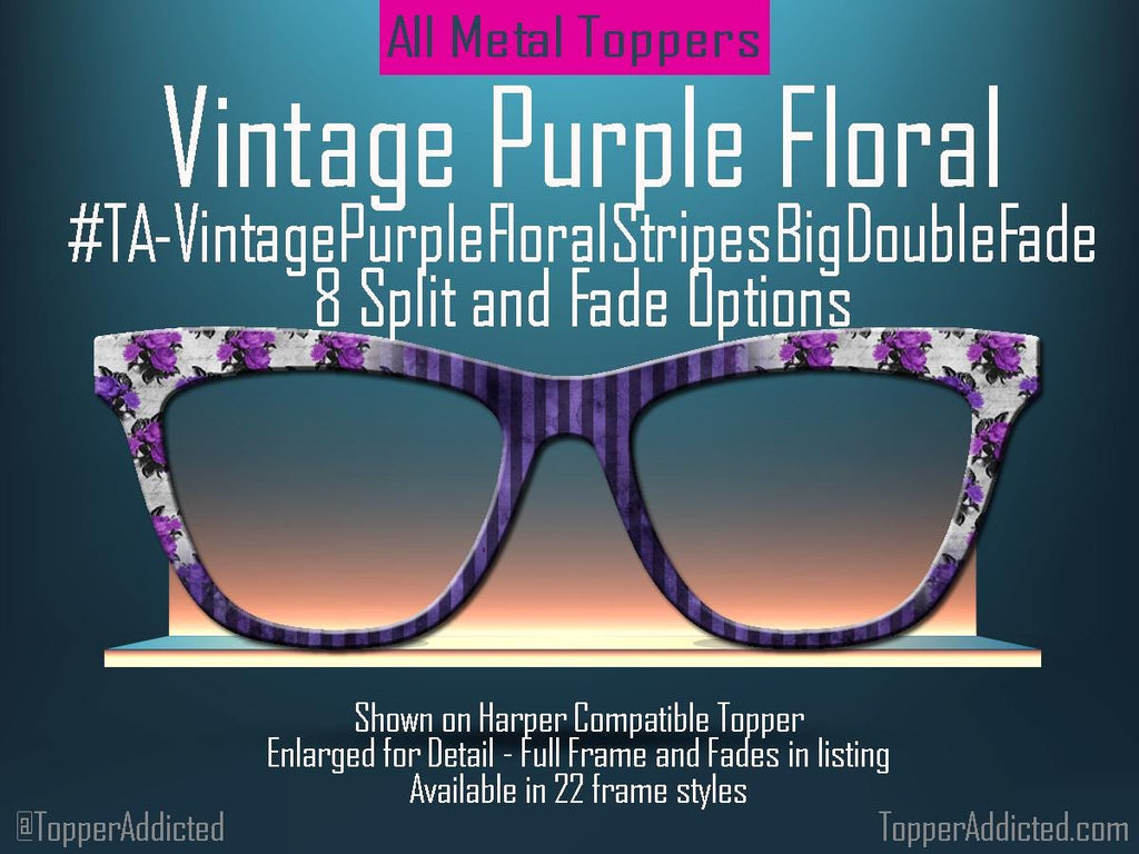 Vintage purple floral glasses toppers for Pair Eyewear with striped fade and split options in all metal magnetic custom frame toppers