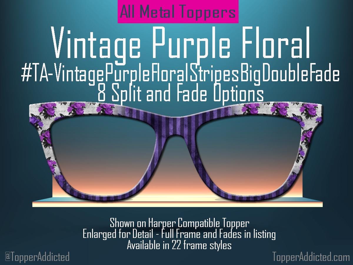 Vintage purple floral glasses toppers for Pair Eyewear with striped fade and split options in all metal magnetic custom frame toppers