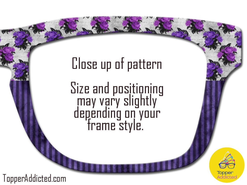 Vintage purple floral glasses toppers for Pair Eyewear with striped fade and split options in all metal magnetic custom frame toppers