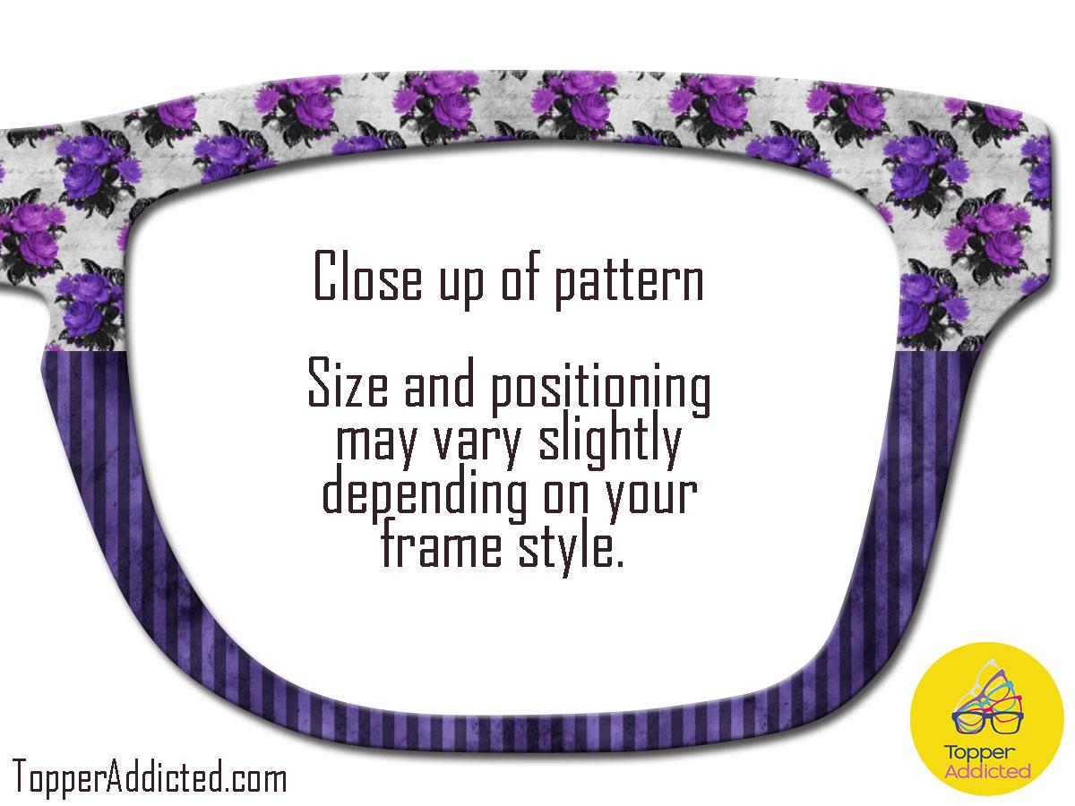 Vintage purple floral glasses toppers for Pair Eyewear with striped fade and split options in all metal magnetic custom frame toppers