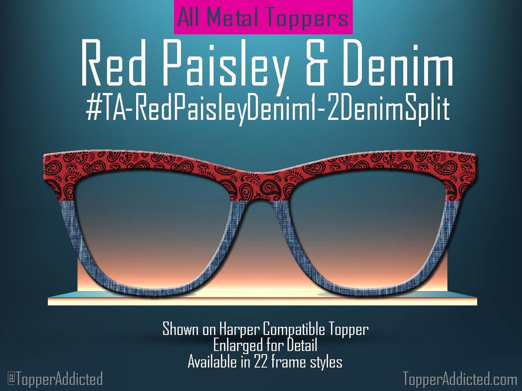 Red Bandana Paisley and Faded Denim Glasses Toppers – Western Style Magnetic Topper for Pair Eyewear – Splits, Fades & Full Frames