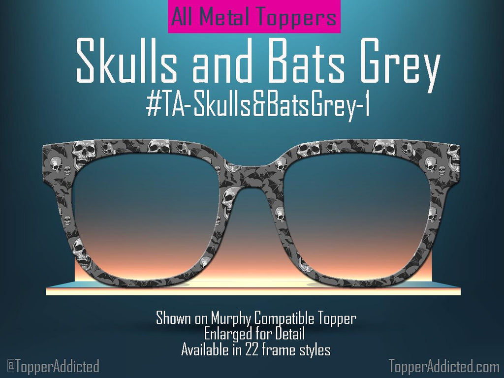 Skulls and Bats Grey Glasses Topper for Pair Eyewear – Halloween Gothic Topper – Magnetic Full Frame All Metal – Bats, Skulls, Dark Style