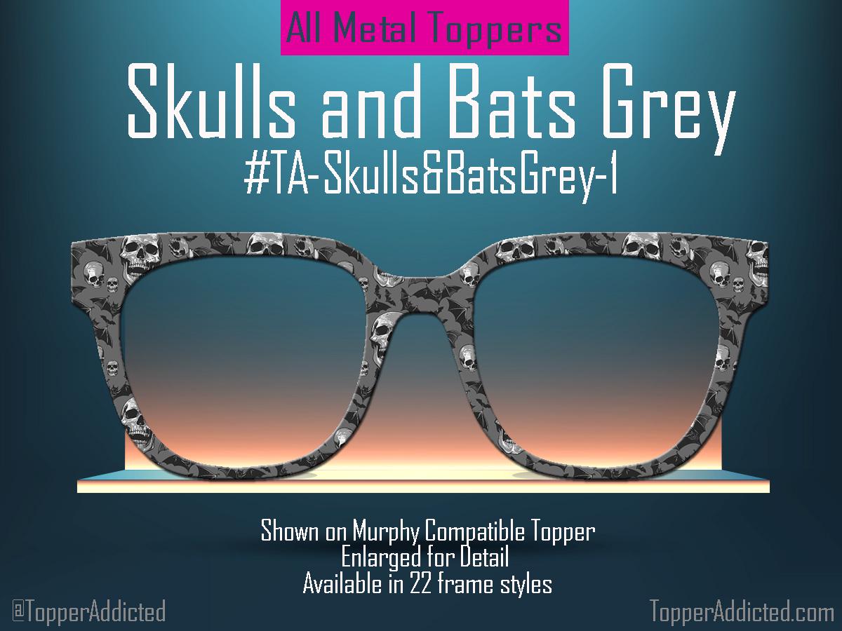 Skulls and Bats Grey Glasses Topper for Pair Eyewear – Halloween Gothic Topper – Magnetic Full Frame All Metal – Bats, Skulls, Dark Style
