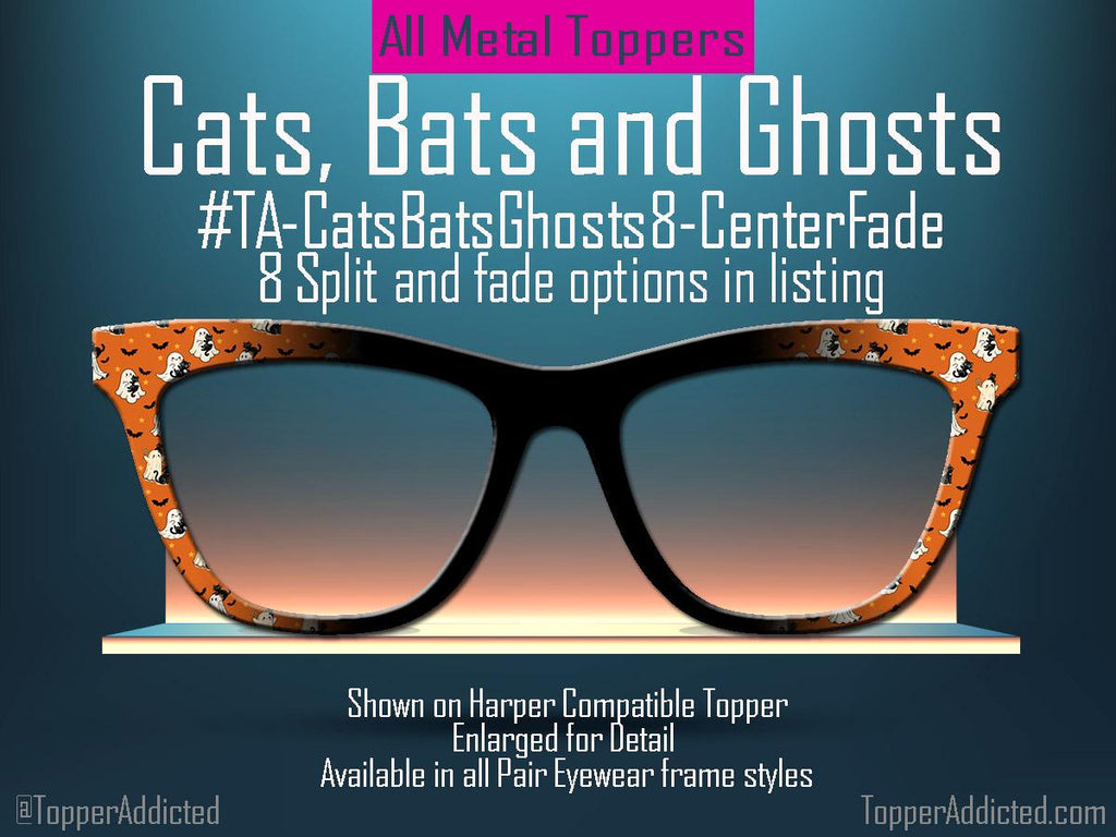 Cats Bats Ghosts Pair Eyewear Compatible Toppers Metal Halloween Frames Split Fade Options Magnetic Metal in Orange and Black