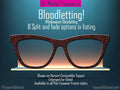 Metal Magnetic Toppers for Pair Eyewear are on a shelf mock up of grey with amber backlighting. The name of the toppers is "Bloodletting" and the description says its available in 8 split and fade options. The sample is shown on Harper Compatible Toppers for Pair Eyewear. It's a Hallooween theme and the background of the Toppers is Black with a subtle texture and droplets of a blood print appear all over the toppers as if they are sweating blook for Halloween.