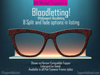 Metal Magnetic Toppers for Pair Eyewear are on a shelf mock up of grey with amber backlighting. The name of the toppers is "Bloodletting" and the description says its available in 8 split and fade options. The sample is shown on Harper Compatible Toppers for Pair Eyewear. It's a Hallooween theme and the background of the Toppers is Black with a subtle texture and droplets of a blood print appear all over the toppers as if they are sweating blook for Halloween.