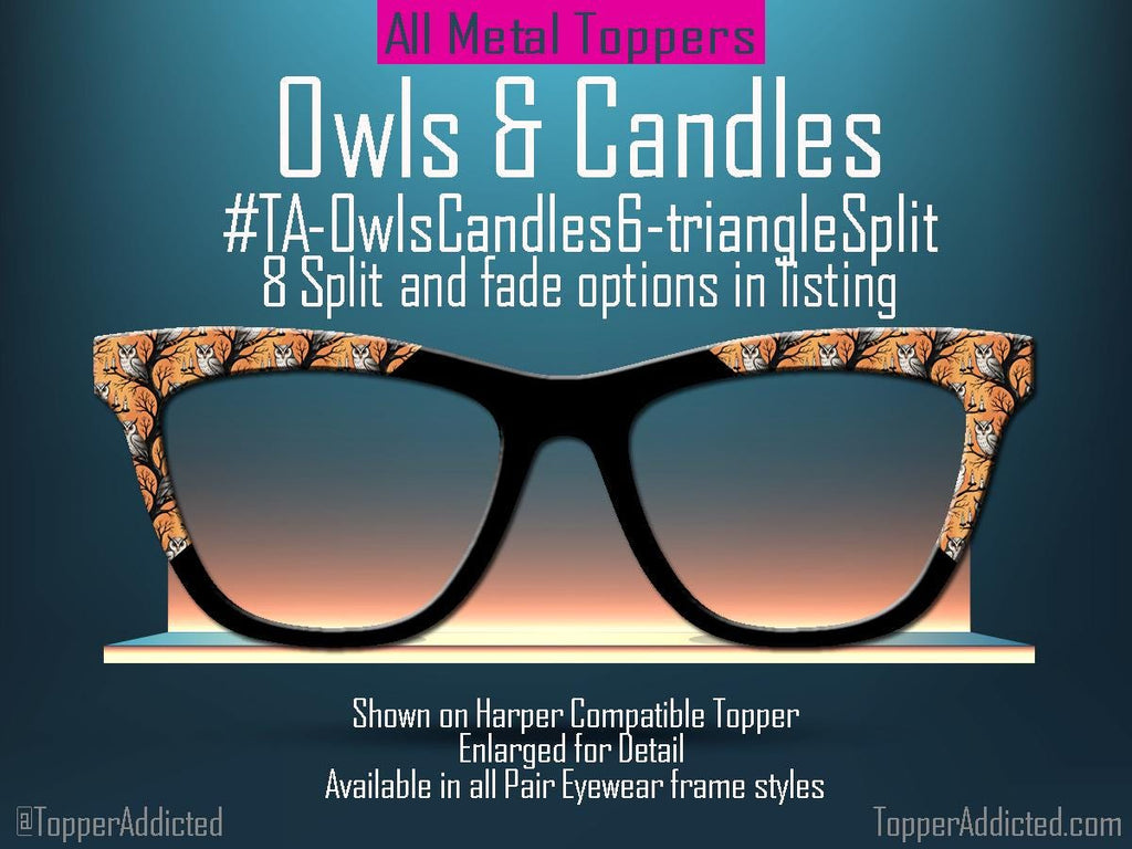 Owls & Candles Halloween Glasses Toppers, Metal Magnetic Pair Eyewear Accessories, Spooky Tree Pattern, Splits and Fades - Fast Shipping