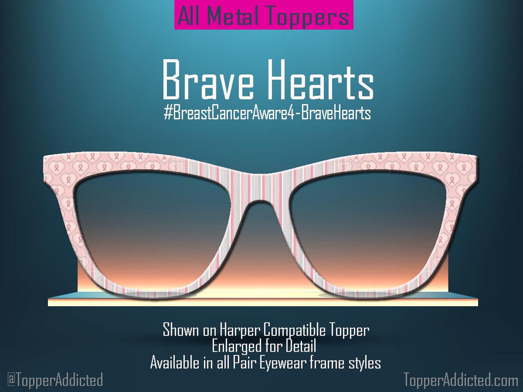 Brave Hearts Breast Cancer Awareness Pink Ribbon Topper | Pair Eyewear Magnetic Metal Toppers | Support, Hope & Love Toppers for Awareness