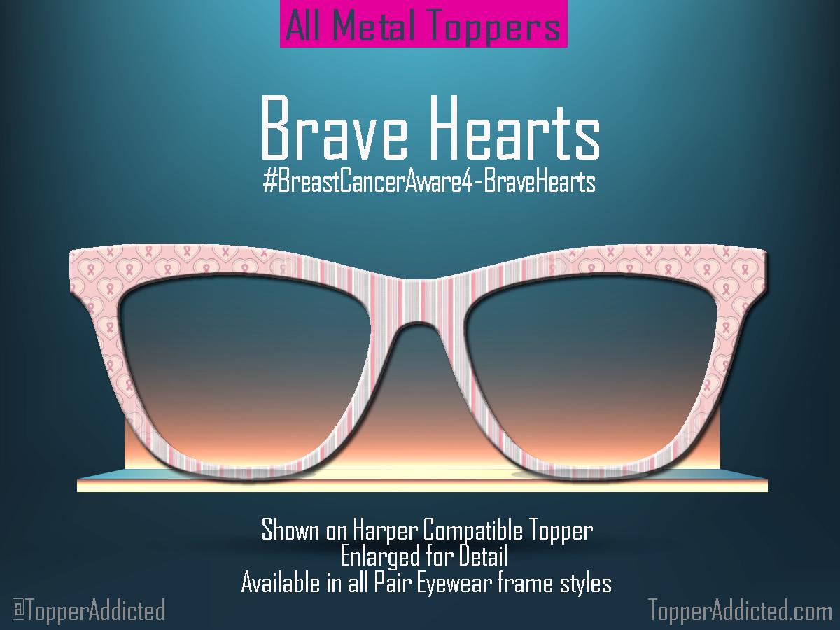 Brave Hearts Breast Cancer Awareness Pink Ribbon Topper | Pair Eyewear Magnetic Metal Toppers | Support, Hope & Love Toppers for Awareness