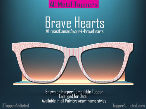 Brave Hearts Breast Cancer Awareness Pink Ribbon Topper | Pair Eyewear Magnetic Metal Toppers | Support, Hope & Love Toppers for Awareness